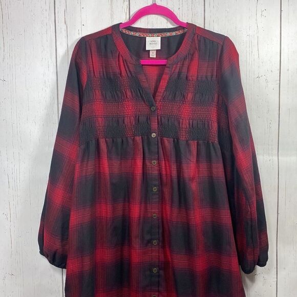 Knox Rose Womens Plaid Long Sleeve Smocked Shift Button Front Red Midi Dress - Picture 3 of 15